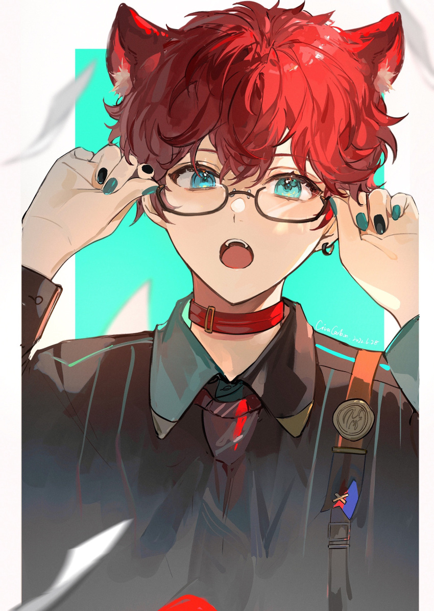 1boy, absurdres, adjusting_eyewear, amagi_hiiro, animal_ears, bishounen, cat_boy, cat_ears