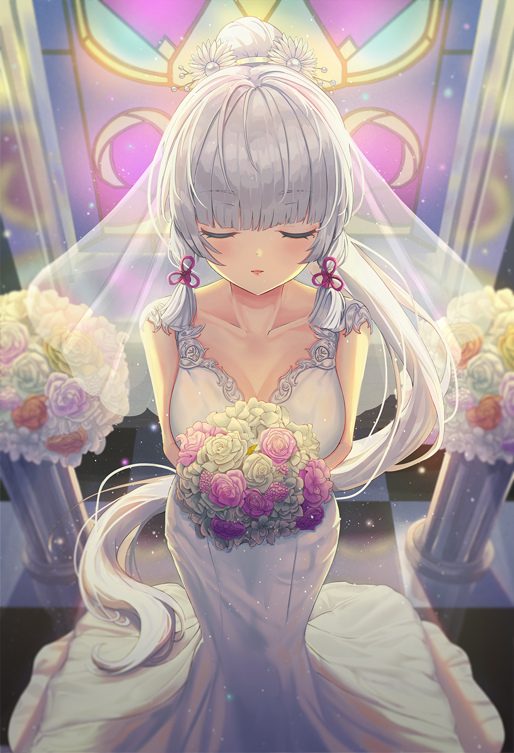 1girl, bangs, blunt_bangs, bouquet, breasts, bridal_veil, closed_eyes, dress
