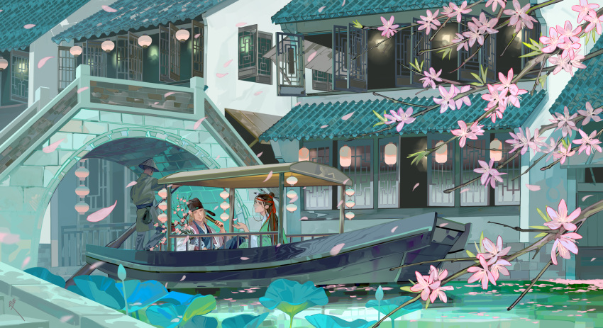 3boys, ^_^, architecture, blonde_hair, boat, branch, bridge, brown_hair, bud, catching, character_request, chinese_clothes, closed_eyes, coat, day, east_asian_architecture, flower, folded_fan, folding_fan, guan_hat, hair_bun, half_updo, hand_fan, hanfu, hanging_lantern, hat, headband, highres, holding, holding_fan, holding_oar, lantern, lattice, leaf, long_hair, looking_at_another, looking_away, looking_to_the_side, lotus, male_focus, motion_blur, multiple_boys, oar, object_on_head, one_hundred_scenes_of_jiangnan, open_window, outdoors, paintbrush, pants, paper_lantern, petals, petals_on_liquid, pink_flower, pouch, railing, red_ribbon, ribbon, rice_hat, river, robe, rowing, saiga_tokihito, sampan, sash, scenery, single_hair_bun, sitting, water, watercraft, window