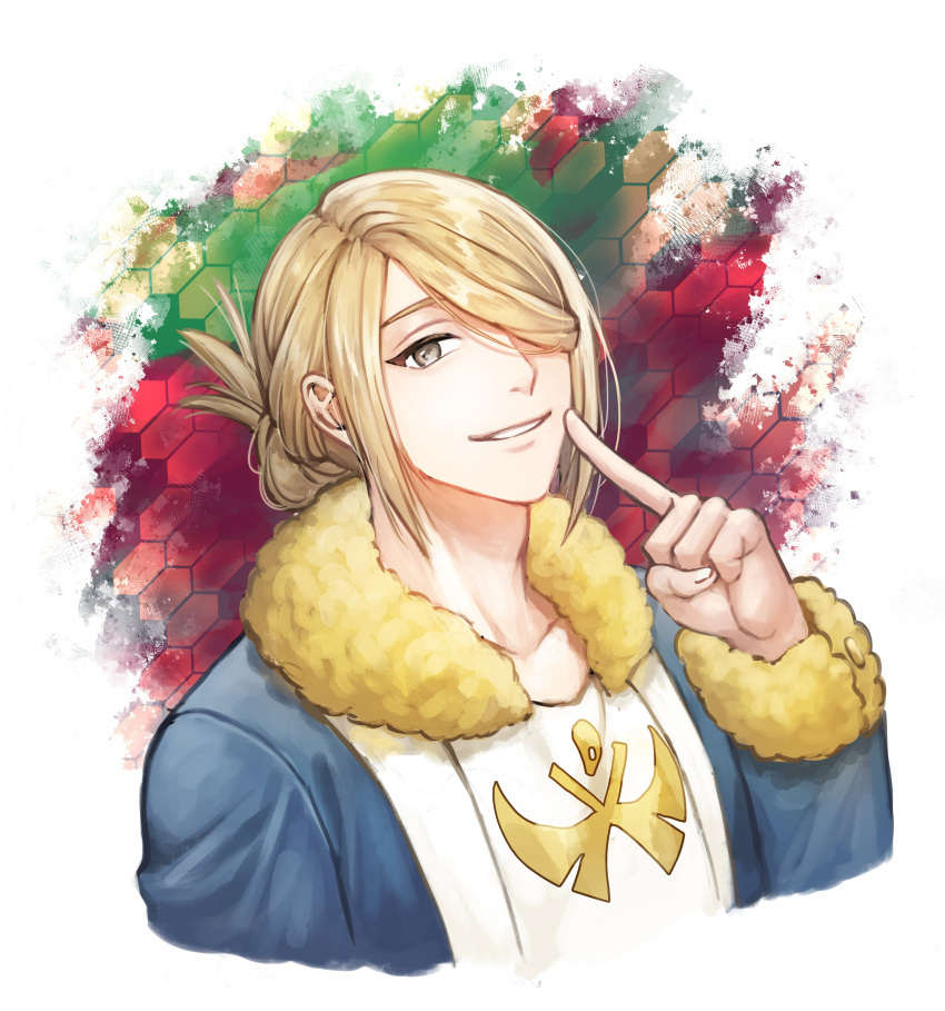 1boy, absurdres, blonde_hair, blue_jumpsuit, border, buttons, commentary_request, grey_eyes