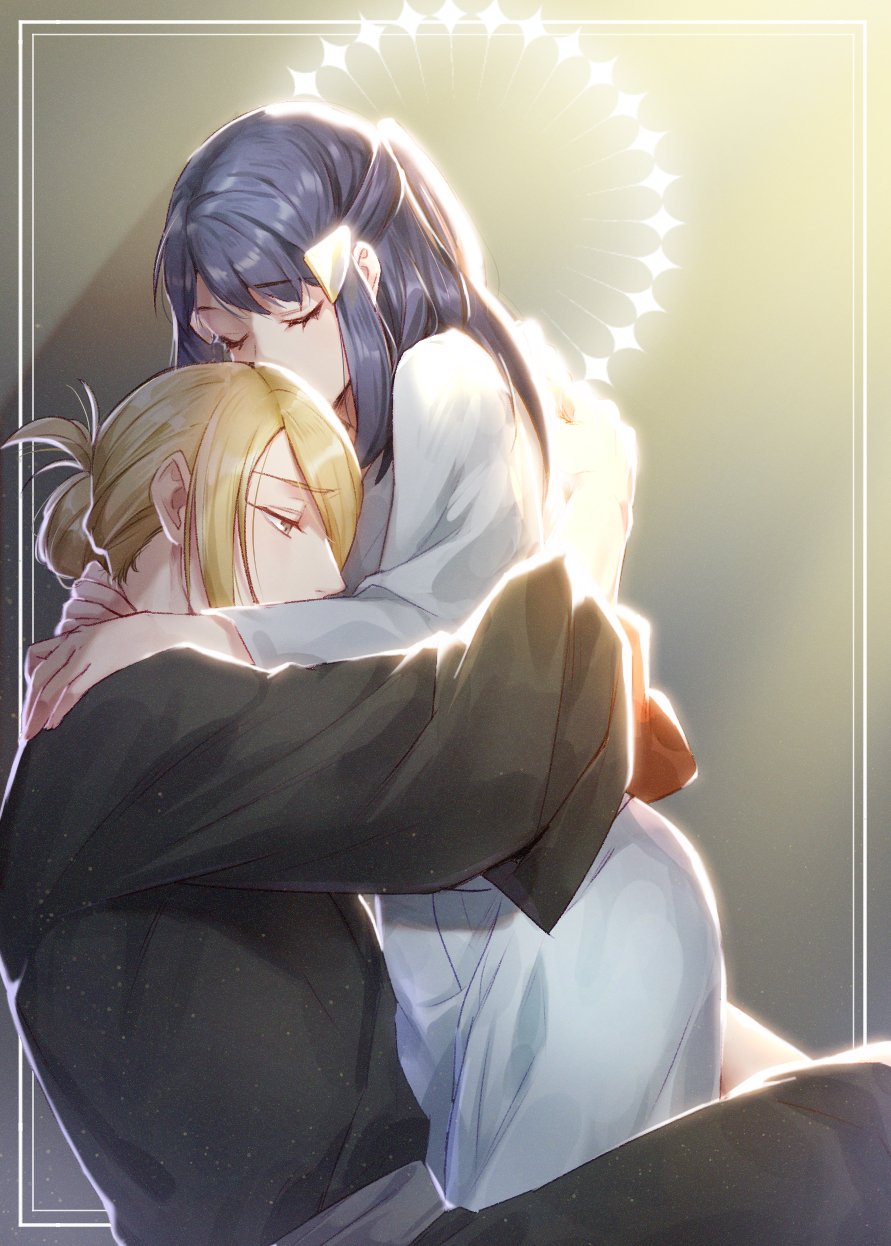 1boy, 1girl, akari_(pokemon), alternate_costume, bangs, black_hair, blonde_hair, closed_eyes, eyelashes, framed, from_side, grey_sash, hair_ornament, hairclip, half-closed_eyes, highres, hug, japanese_clothes, kimono, kneeling, long_hair, long_sleeves, ogyupoke, pokemon, pokemon_(game), pokemon_legends:_arceus, protected_link, shiny, shiny_hair, short_hair, sidelocks, sitting, volo_(pokemon)