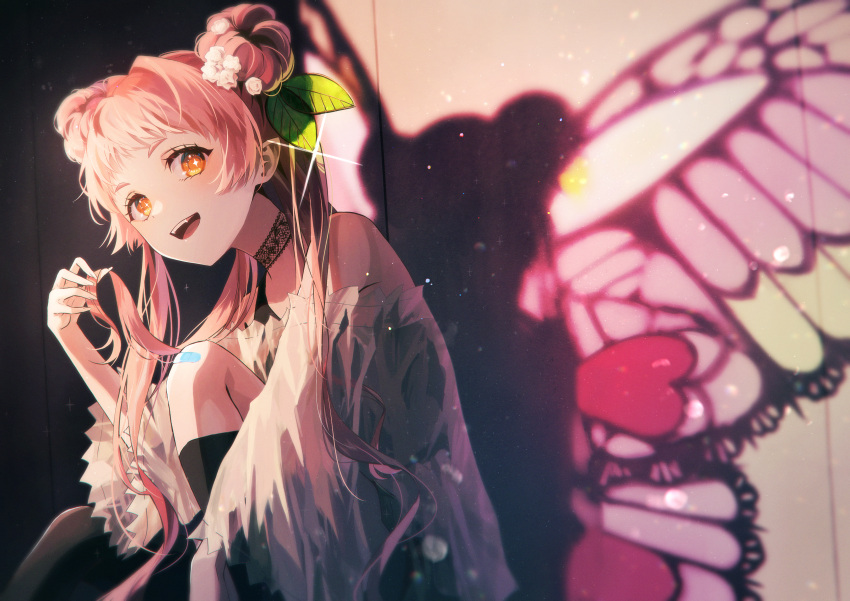 +_+, 1girl, :d, absurdres, bangs, blush, butterfly_wings, choker, different_shadow, double_bun, fangs, hair_bun, hair_intakes, highres, holding, holding_hair, knee_up, lace, lace_choker, light_particles, long_hair, long_sleeves, moto_u_toe_say, off-shoulder_shirt, off_shoulder, open_mouth, orange_eyes, original, pink_hair, see-through, see-through_shirt, shadow, shirt, sitting, smile, socks, solo, twintails, very_long_hair, wings