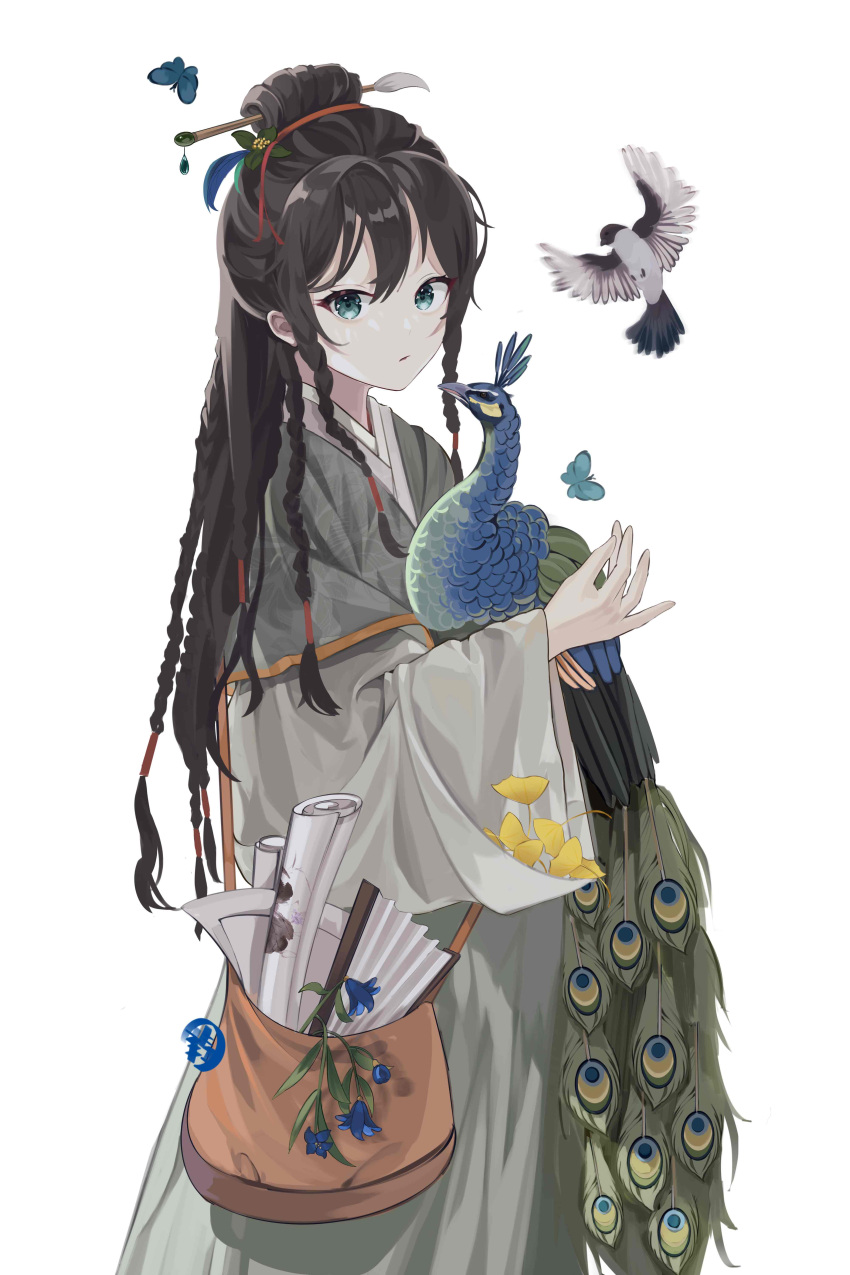 1girl, absurdres, animal, aqua_eyes, bag, bangs, bird, black_hair, blue_butterfly, blue_flower, braid, bug, butterfly, chinese_clothes, cowboy_shot, flower, folding_fan, ginkgo_leaf, green_robe, grey_robe, hair_bun, hair_ornament, hair_pulled_back, hair_tubes, hand_fan, hand_up, hanfu, headband, highres, holding, holding_animal, leaf, long_hair, long_sleeves, multiple_braids, one_hundred_scenes_of_jiangnan, paintbrush_hair_ornament, painting_(object), peacock, qixiling, scroll, shoulder_bag, simple_background, single_hair_bun, standing, wen_chu, white_background, wide_sleeves