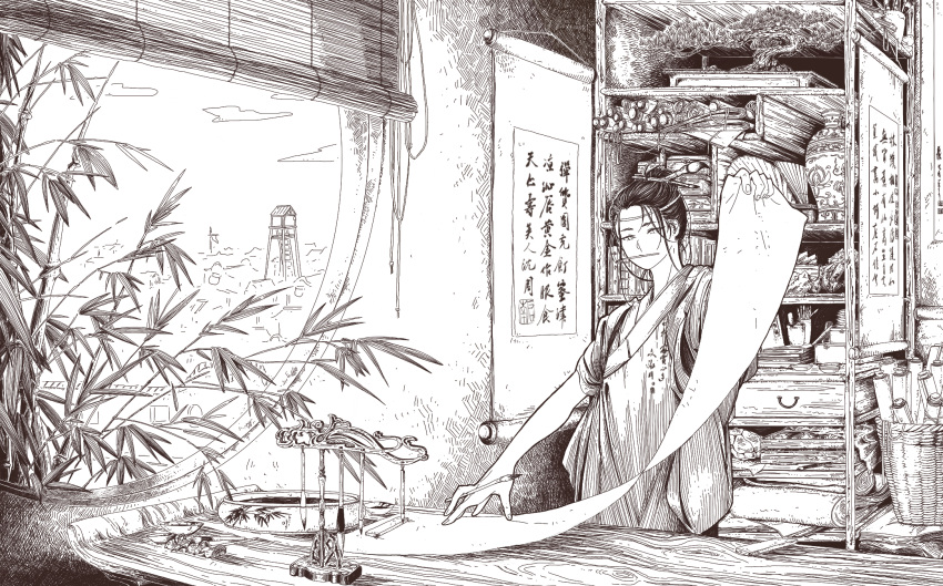 1boy, arm_up, bamboo, bamboo_screen, bare_arms, basket, book, brush_rest, chinese_clothes, day, folding_fan, hair_bun, hair_ornament, hand_fan, hanfu, headband, highres, holding, holding_paintbrush, holding_paper, hyphen_(pixiv5186743), indoors, inkwell, long_hair, long_sleeves, male_focus, monochrome, mouth_hold, one_hundred_scenes_of_jiangnan, paintbrush, paintbrush_hair_ornament, paintbrush_rack, paper, robe, round_window, scroll, shelf, shen_zhou, sideways_glance, single_hair_bun, solo, table, tasuki, updo, upper_body, vase, wide_sleeves, window