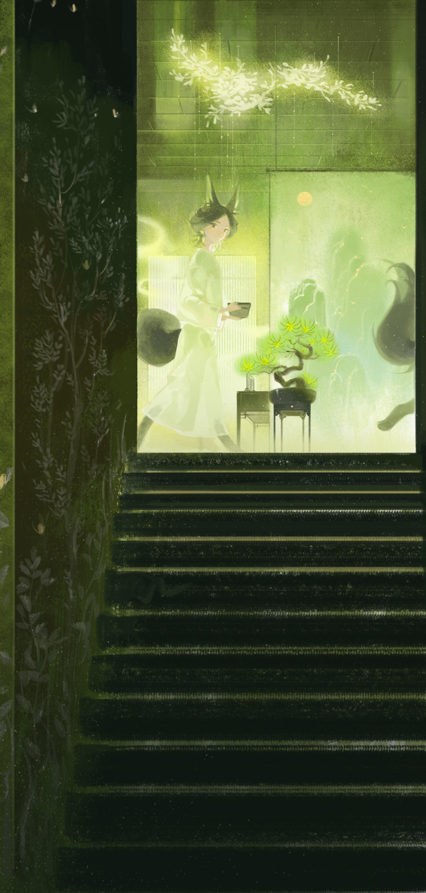 1girl, absurdres, animal_ears, animal_feet, black_hair, bonsai, ceiling, fox_ears