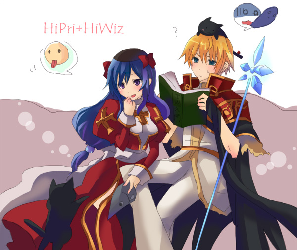1boy, 1girl, :/, ?, animal_on_head, bangs, black_cape, black_cat