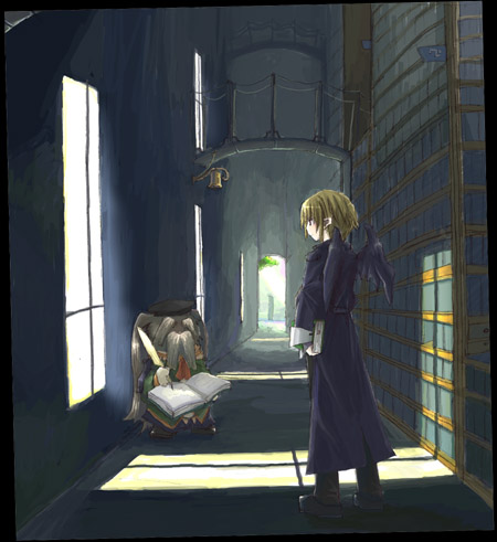 1boy, 1other, black_robe, black_wings, blonde_hair, book, closed_mouth, commentary_request
