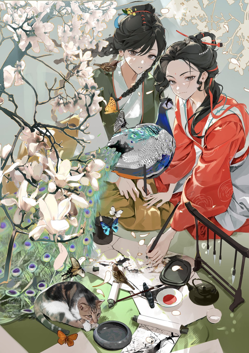 2girls, animal, animal_on_shoulder, apron, beads, bird, bird_on_shoulder, bowl