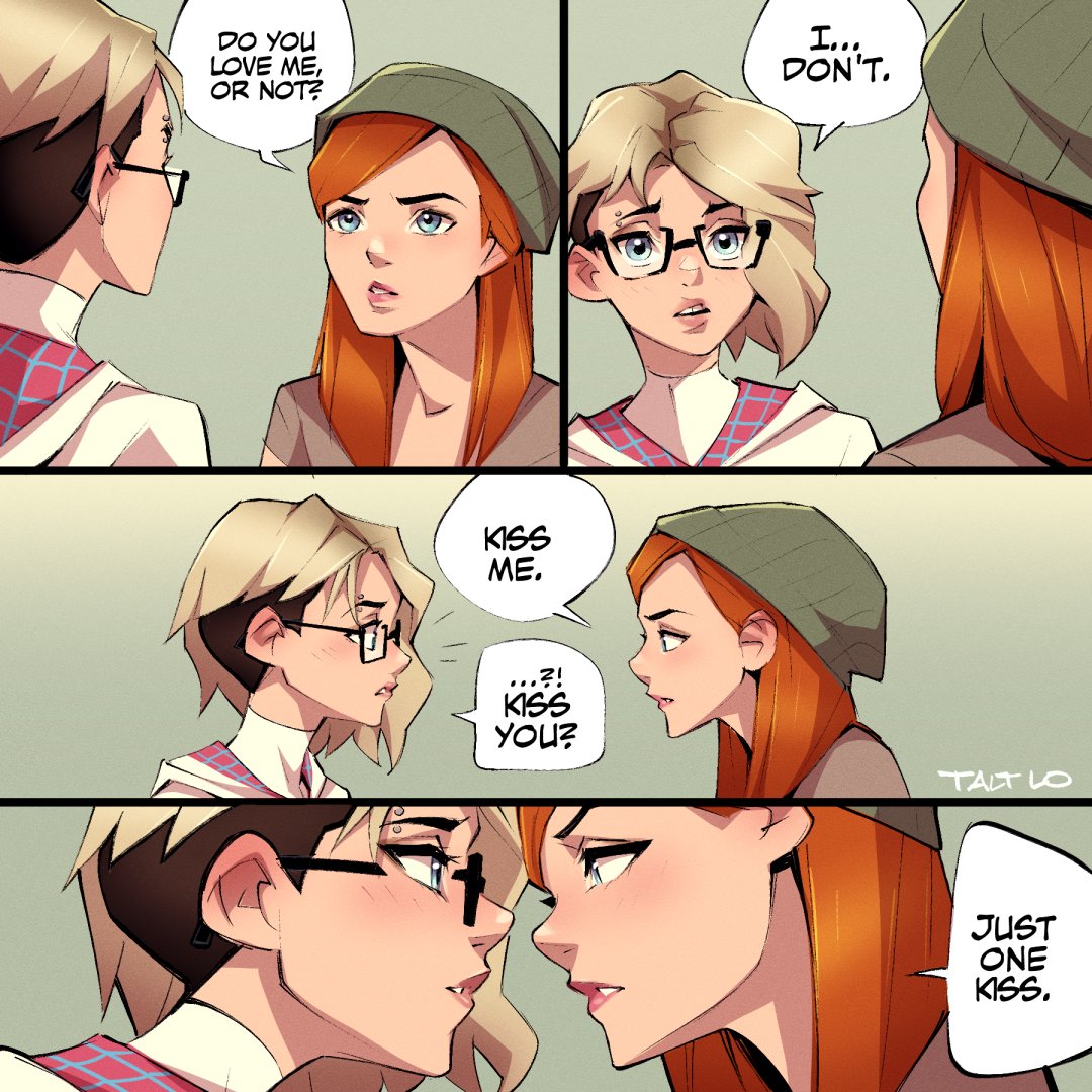 2girls, artist_name, beanie, blonde_hair, blue_eyes, blush, bodysuit, ear_blush, english_text, eye_contact, eyebrow_piercing, glasses, gwen_stacy, hat, imminent_kiss, looking_at_another, marvel, mary_jane_watson, multiple_girls, orange_hair, parted_lips, piercing, short_hair, spider-gwen, spider-man:_into_the_spider-verse, spider-man_(series), talt_lo, teeth, undercut, yuri