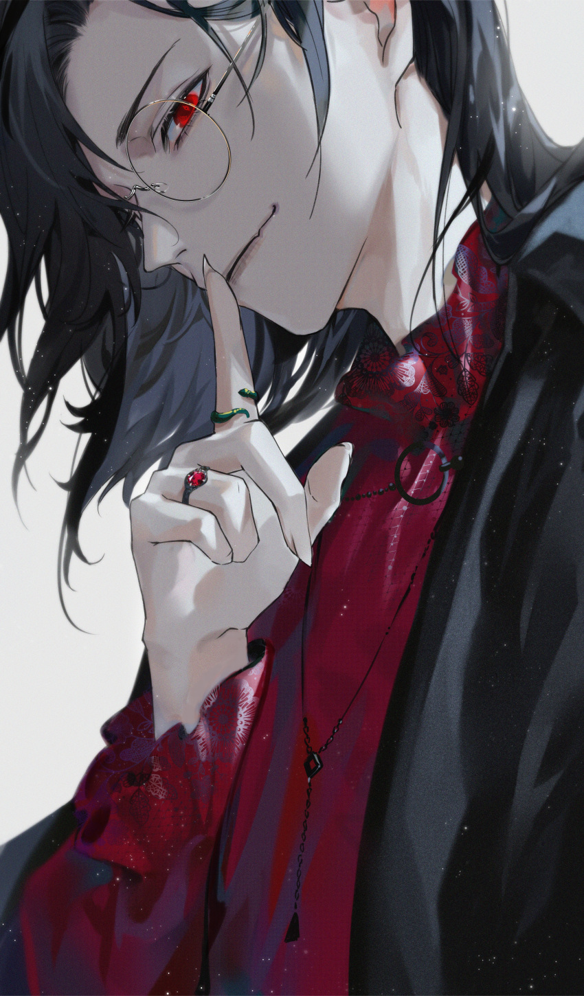 1boy, absurdres, black_hair, black_jacket, closed_mouth, copyright_request, fang, finger_to_mouth