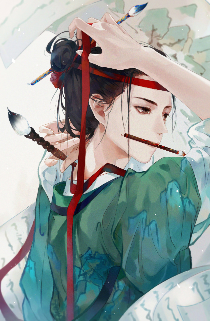 1boy, absurdres, adjusting_hair, black_hair, brown_eyes, chinese_clothes, from_behind, green_robe