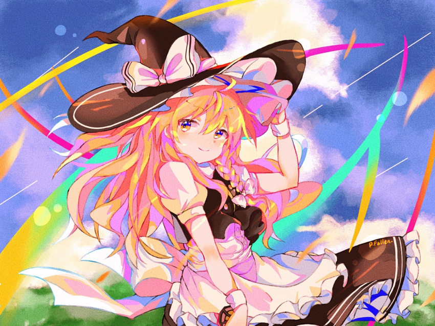 1girl, apron, bangs, black_headwear, black_skirt, black_vest, blonde_hair, blurry