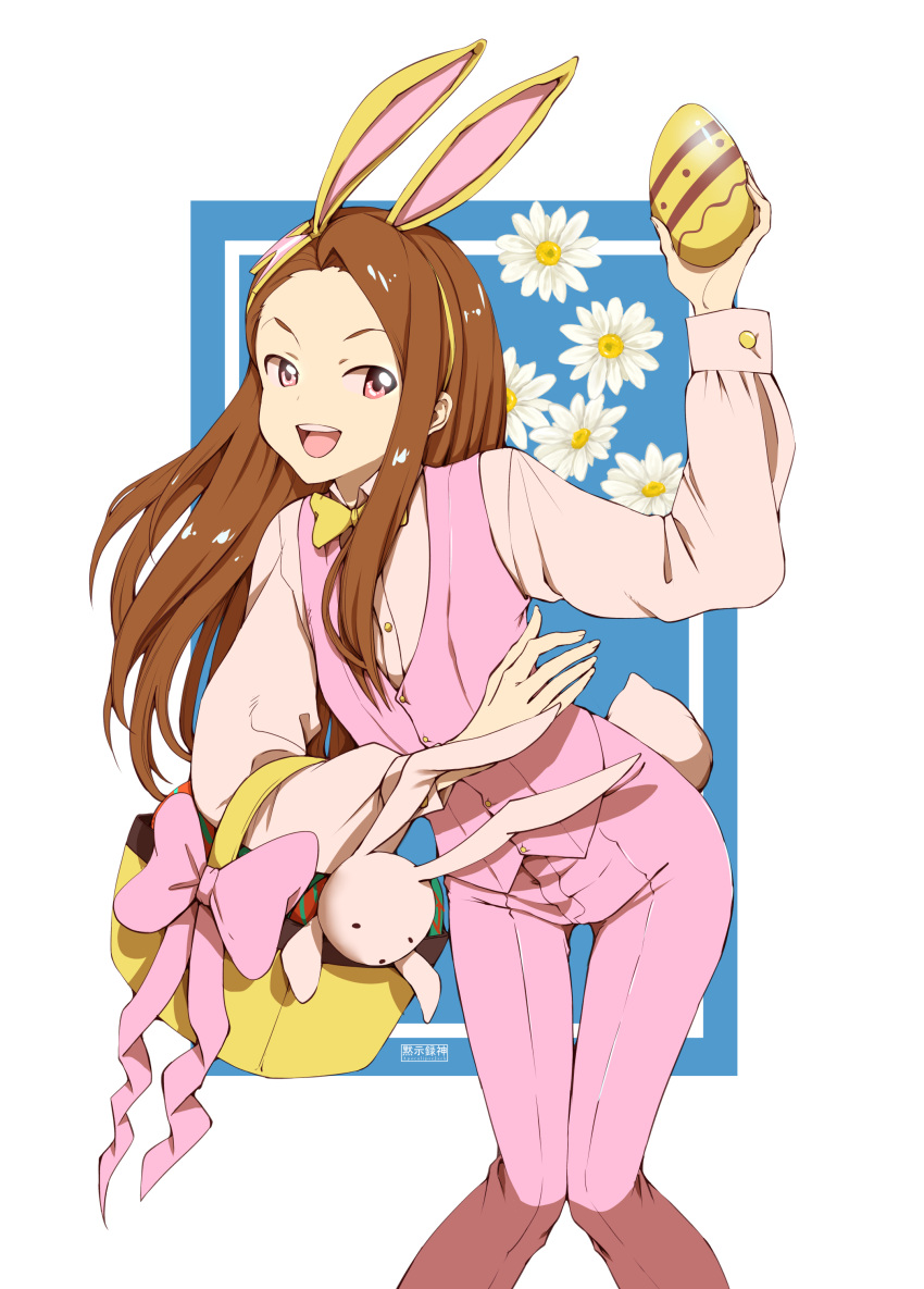 absurdres, alternate_hairstyle, animal_ears, apocalipsejack, basket, bow, bowtie, brown_hair