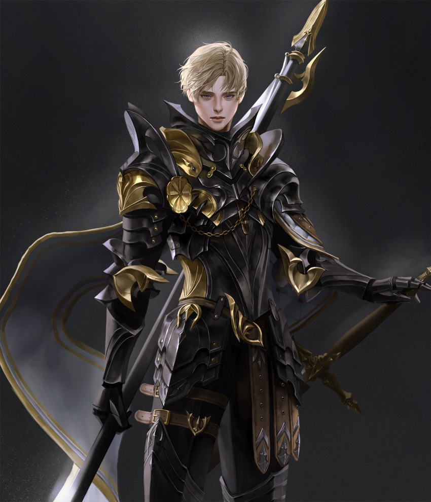 1boy, armor, black_armor, blonde_hair, chain, closed_mouth, cowboy_shot, daeraeband, grey_eyes, highres, korean_commentary, looking_at_viewer, male_focus, nose, original, short_hair, solo, sword, weapon