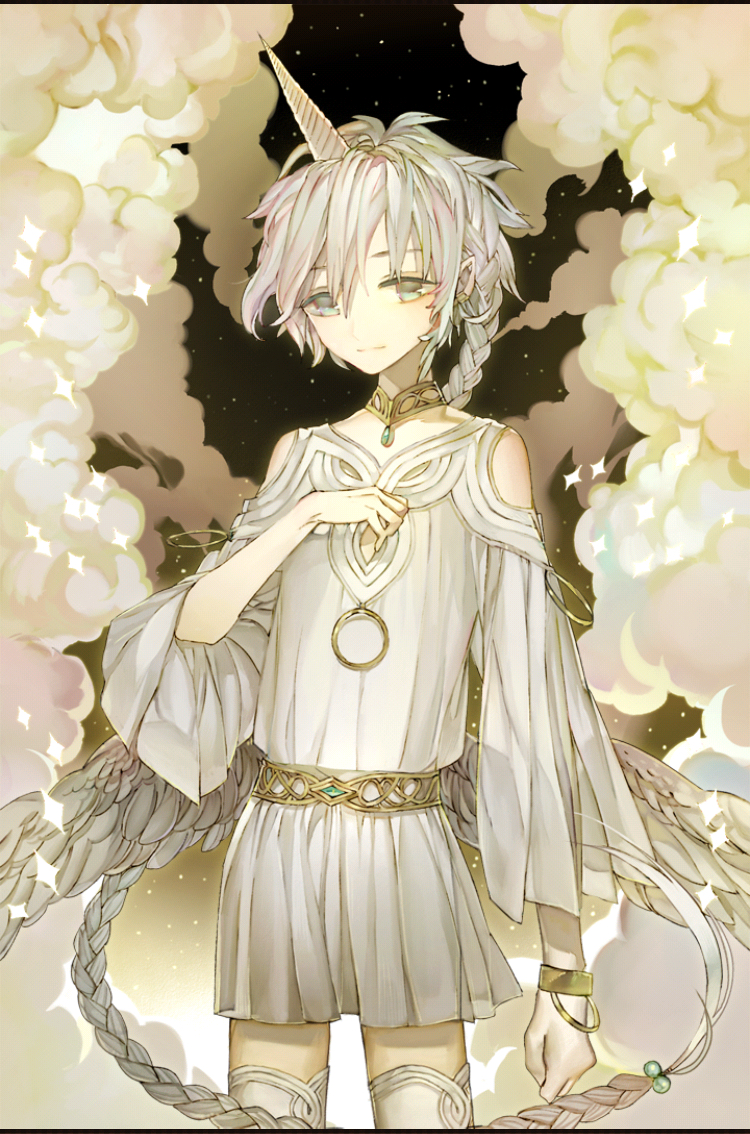 1boy, ameth_(saibai_shounen), androgynous, angel_wings, blush, closed_mouth, grey_eyes, grey_hair