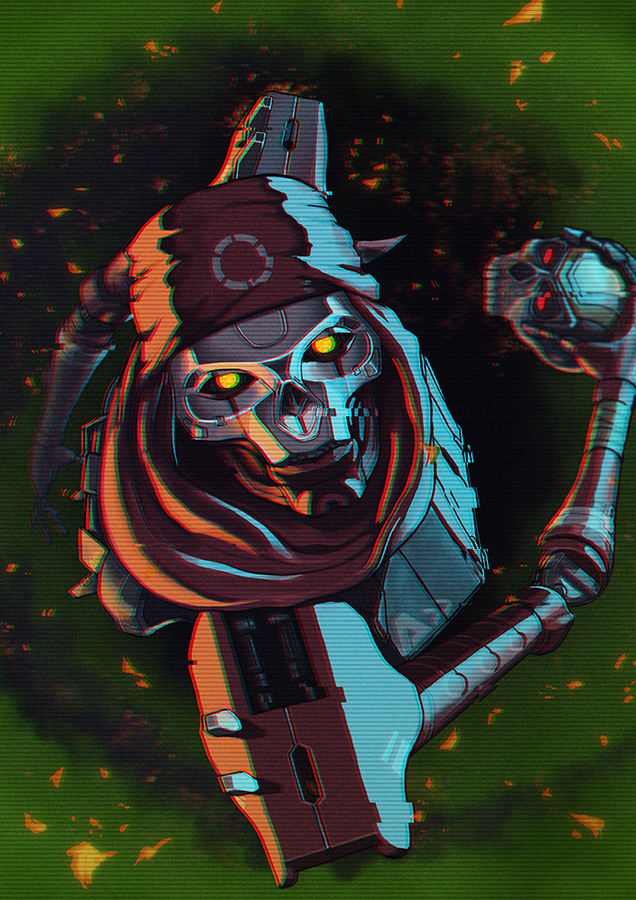 1boy, apex_legends, bandana, black_sclera, colored_sclera, from_above, holding, humanoid_robot