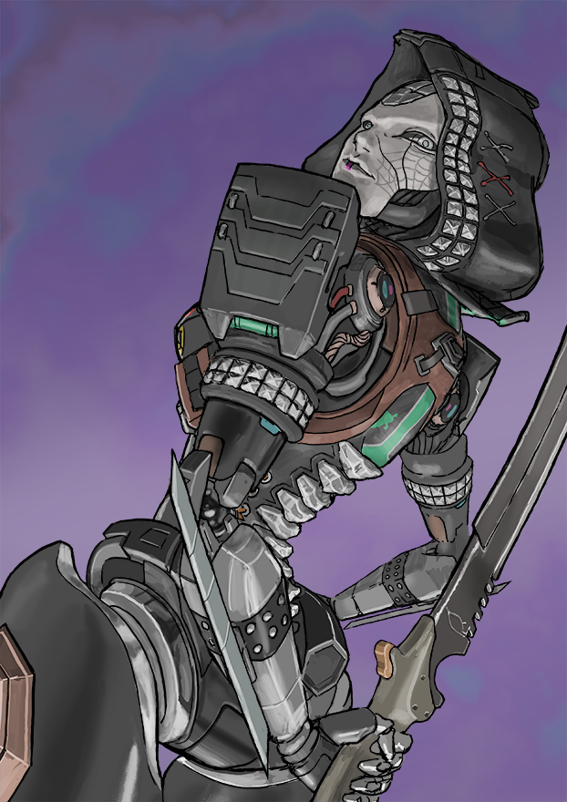 1girl, android, apex_legends, arm_behind_back, ash_(titanfall_2), black_sclera, colored_sclera, expressionless, from_behind, grey_eyes, holding, holding_sword, holding_weapon, hood, hood_up, looking_at_viewer, metal_skin, purple_background, simulacrum_(titanfall), solo, sword, tatsuo_susumu, weapon
