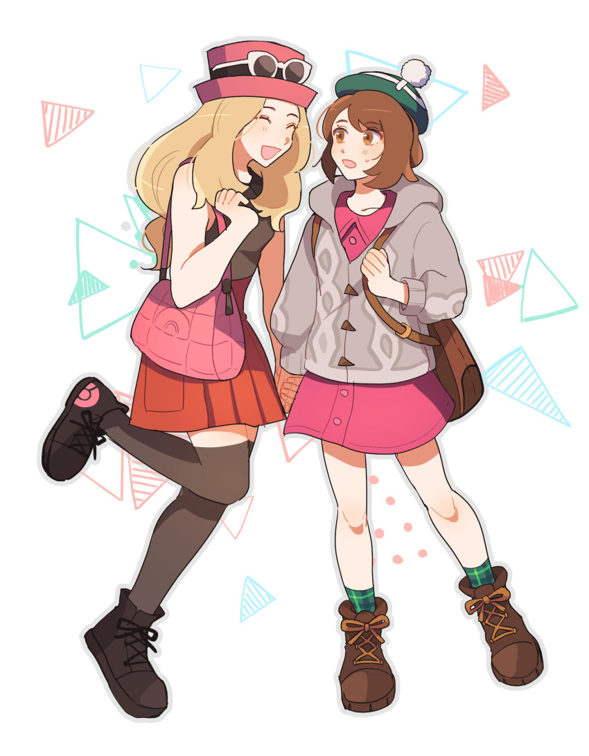 2girls, :d, backpack, bag, black_footwear, blush, bob_cut, boots