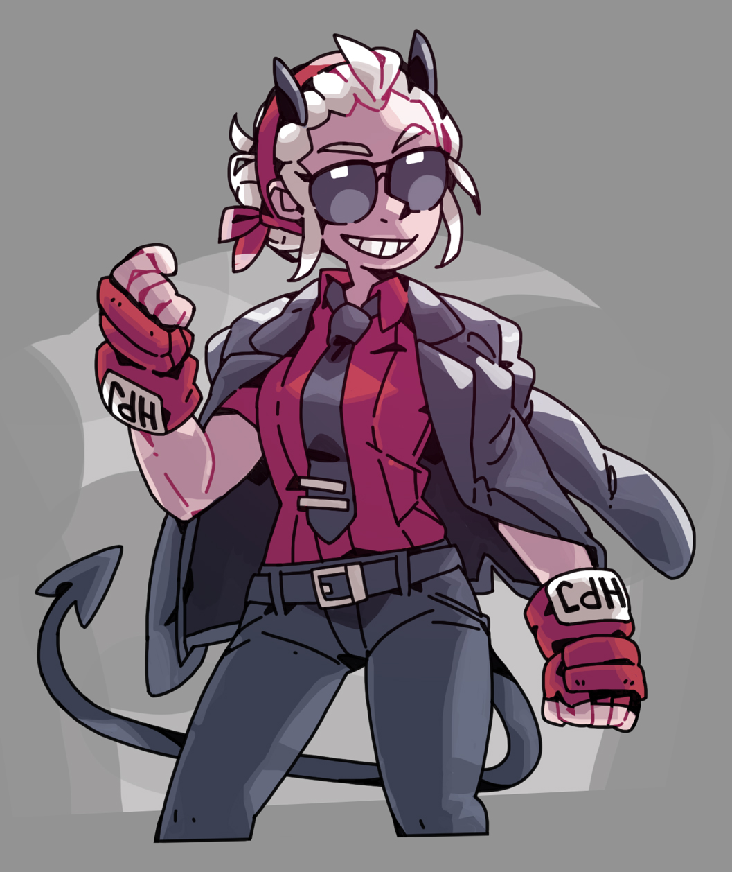 1girl, ahoge, black_jacket, black_pants, black_tail, breasts, cpt_hamburger, demon_girl