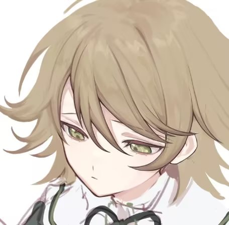 1boy, bangs, black_ribbon, brown_eyes, brown_hair, closed_mouth, danganronpa:_trigger_happy_havoc, danganronpa_(series), fujisaki_chihiro, grey_background, liang_cun_rakuna, lowres, male_focus, messy_hiar, neck_ribbon, potrait, ribbon, shiny, shiny_hair, short_hair, simple_background, solo