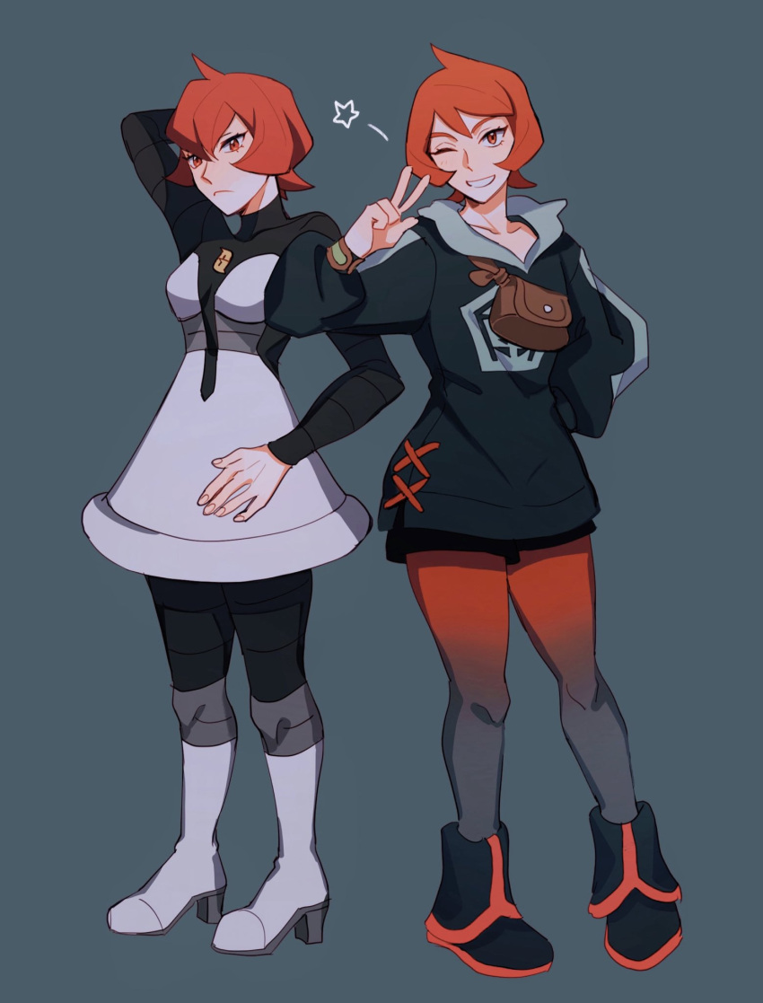 2girls, arezu_(pokemon), arm_behind_head, black_footwear, black_shirt, black_shorts, boots, bracelet