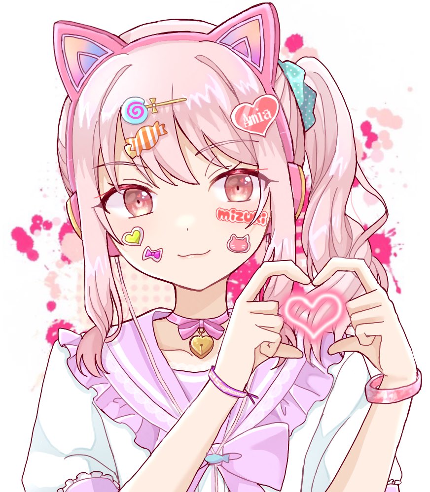1other, :3, abstract_background, akiyama_mizuki, androgynous, asako_(puiu9k), bangs, bell, bracelet, candy_hair_ornament, cat_ear_headphones, character_name, commentary, dot_nose, eyebrows_visible_through_hat, food-themed_hair_ornament, frilled_sailor_collar, frills, hair_ornament, head_tilt, headphones, heart, heart_hair_ornament, heart_hands, jewelry, looking_at_viewer, neck_bell, one_side_up, pink_background, pink_eyes, pink_hair, project_sekai, purple_sailor_collar, sailor_collar, shirt, sidelocks, sticker, sticker_on_face, symbol-only_commentary, upper_body, white_background, white_shirt