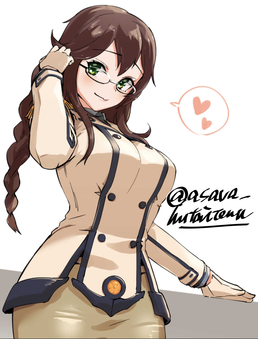 1girl, asava_(hutaitenn), bangs, bespectacled, braid, breasts, brown_hair, brown_shirt