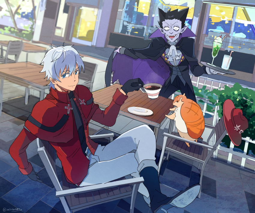 1boy, 2boys, armadillo, ascot, belt, black_gloves, black_hair, blue_eyes