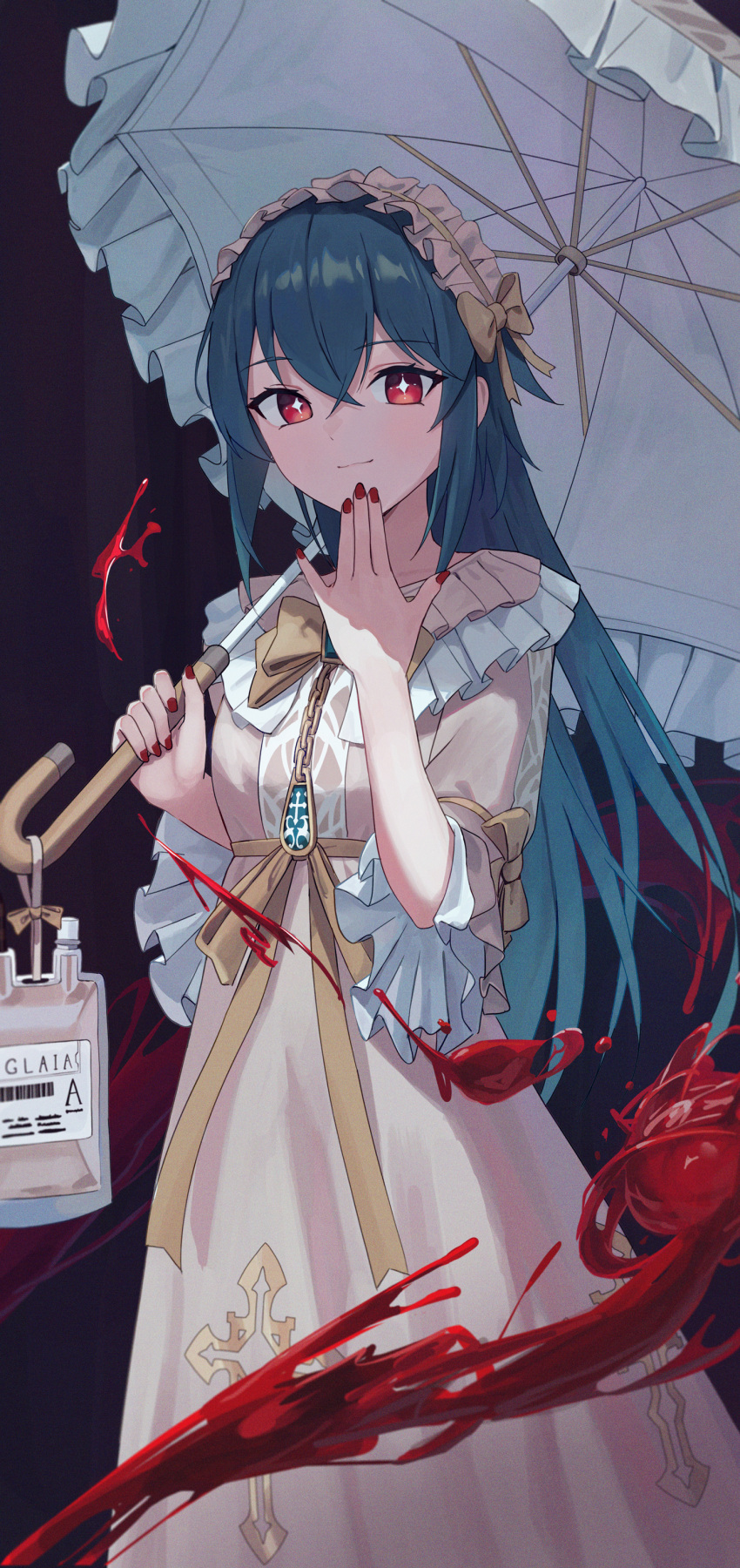 1girl, absurdres, bianca_(black_survival), black_survival, blood, blood_bag, blue_hair, bow