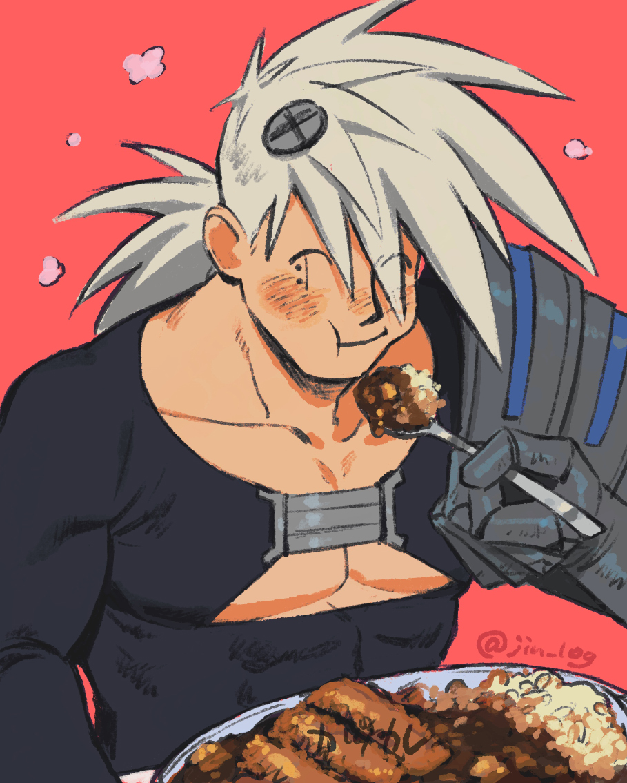 1boy, abs, blush, bodysuit, closed_eyes, curry, eating, food