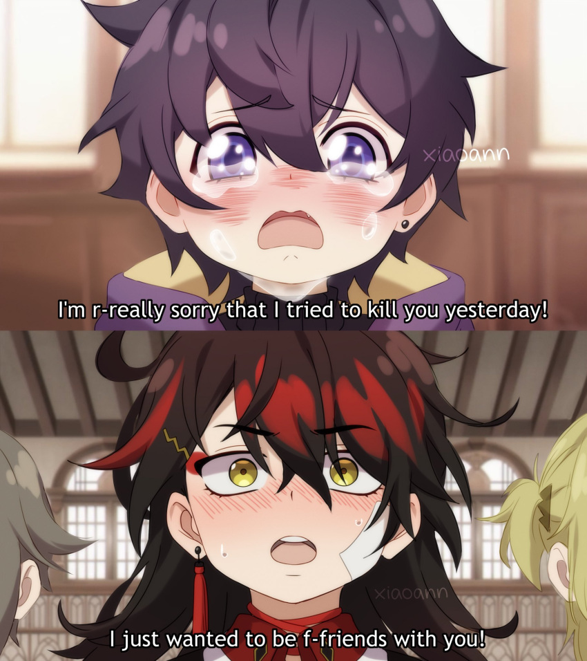 4boys, bandaid, bandaid_on_cheek, bandaid_on_face, black_hair, blush, earrings, fang