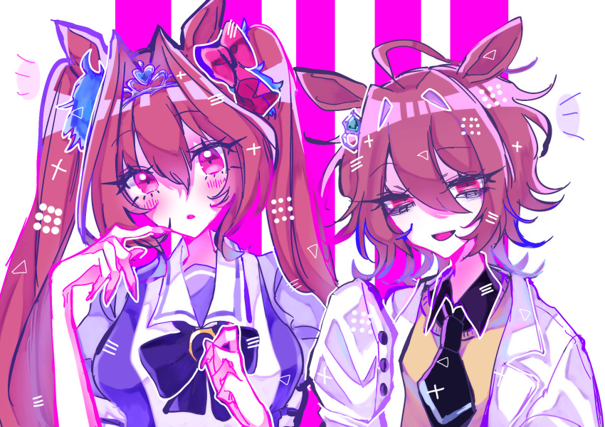 2girls, agnes_tachyon_(umamusume), black_necktie, blush, bow, breasts, brown_hair, daiwa_scarlet_(umamusume)