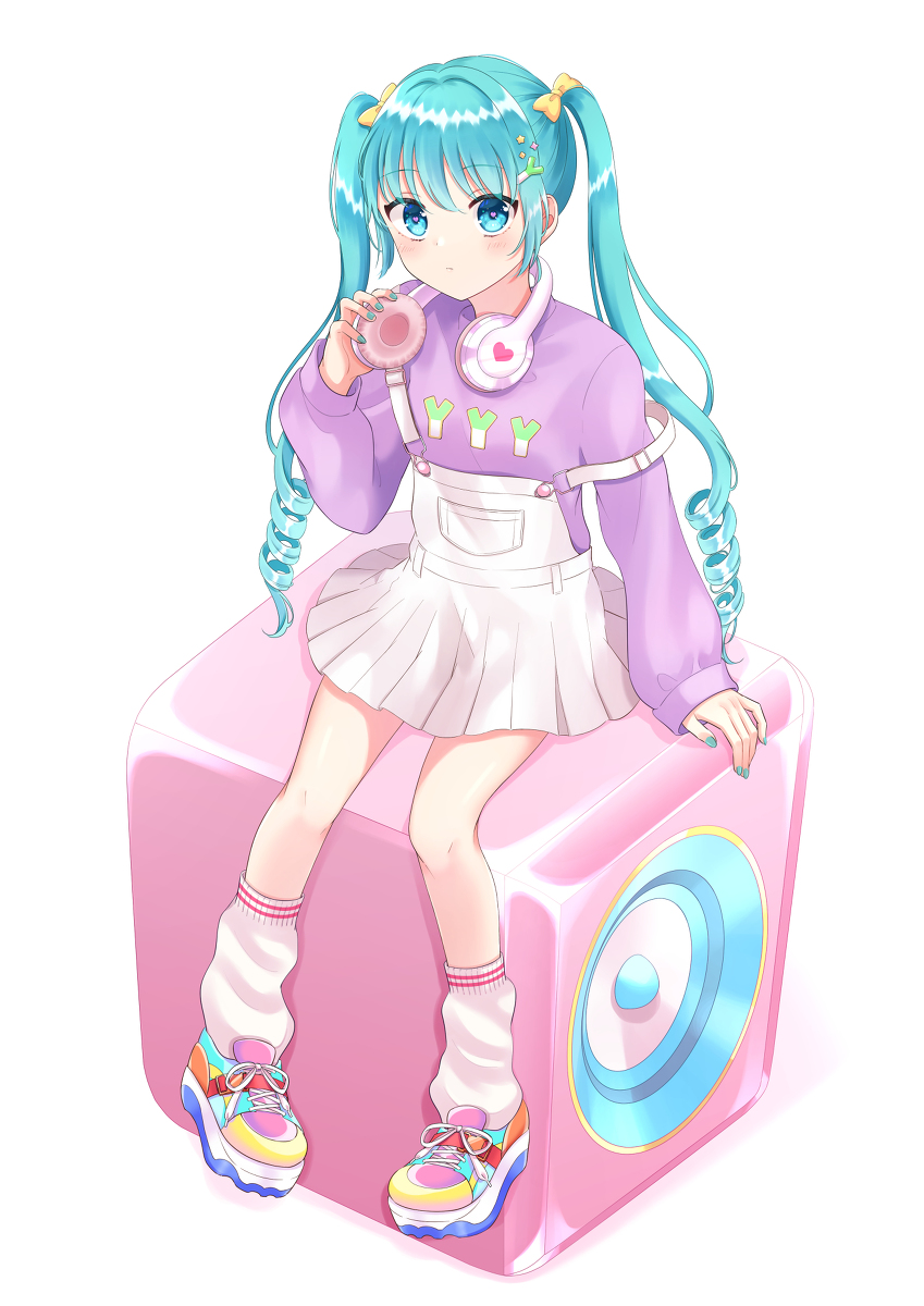 1girl, bangs, blue_eyes, blue_hair, blush, bow, drill_hair, food-themed_hair_ornament