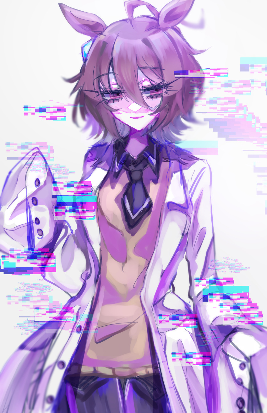 1girl, absurdres, agnes_tachyon_(umamusume), animal_ears, black_necktie, breasts, brown_hair, glitch