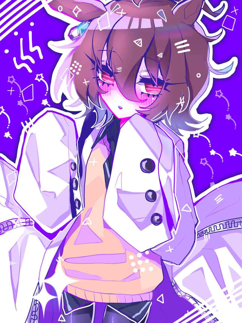 1girl, absurdres, agnes_tachyon_(umamusume), animal_ears, black_necktie, black_pantyhose, black_shirt, blush