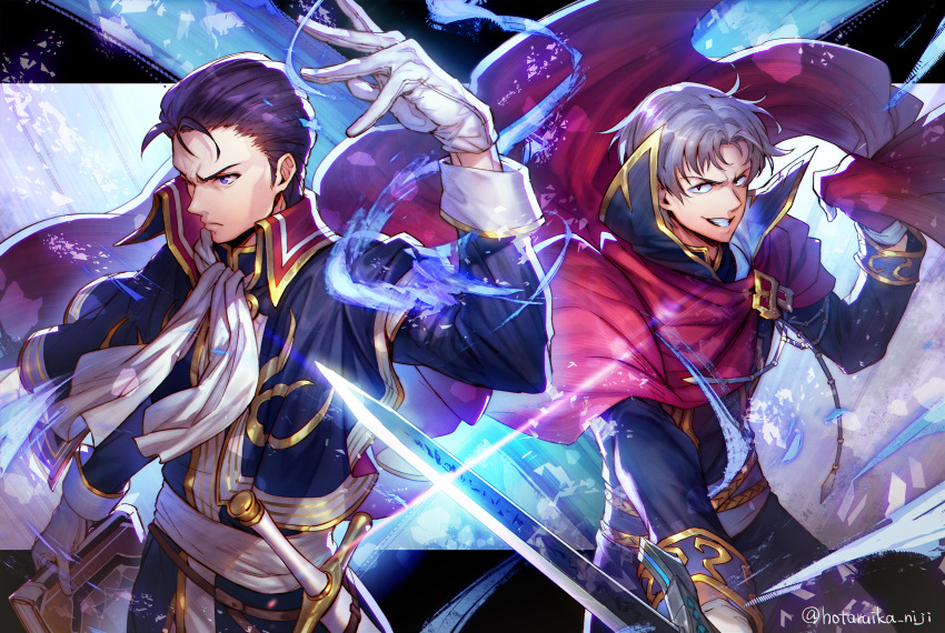 >:), ascot, black_eyes, black_hair, blue_eyes, book, cape, capelet, clenched_teeth, fire_emblem, fire_emblem:_thracia_776, gloves, grey_hair, highres, holding, holding_book, hotaruika_niji, kempf_(fire_emblem), looking_at_viewer, male_focus, reinhardt_(fire_emblem), sheath, short_hair, smile, sword, teeth, v-shaped_eyebrows, weapon