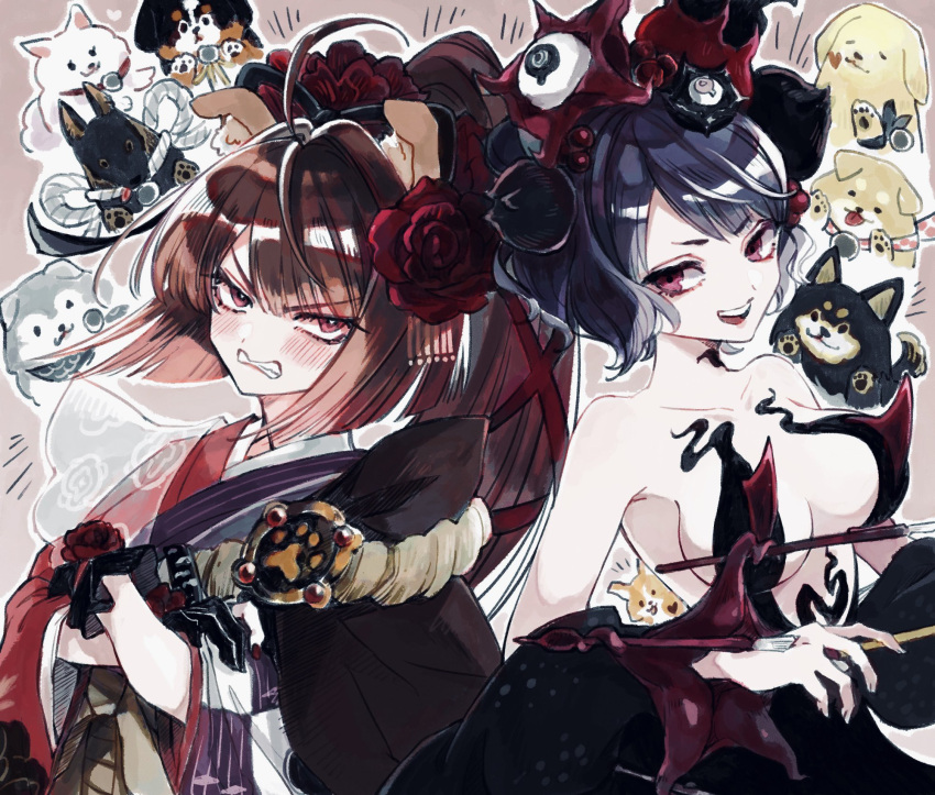 2girls, ahoge, animal_ears, breasts, brown_hair, clenched_teeth, crossed_arms, dog, dog_ears, dress, fate/grand_order, fate_(series), flower, gloves, hair_flower, hair_ornament, highres, japanese_clothes, katsushika_hokusai_(fate), katsushika_hokusai_(third_ascension)_(fate), kimono, kyokutei_bakin_(fate), long_hair, multiple_girls, paintbrush, partially_fingerless_gloves, ponytail, purple_hair, raikoko19, red_eyes, strapless, strapless_dress, teeth, tentacles, violet_eyes