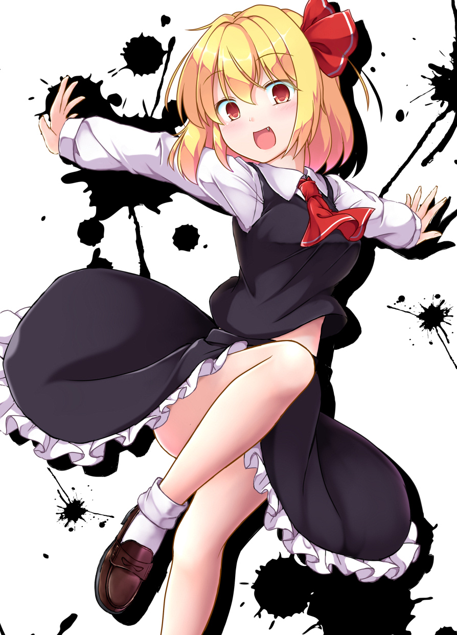 1girl, aka_tawashi, black_shirt, black_skirt, blonde_hair, breasts, dress, fang