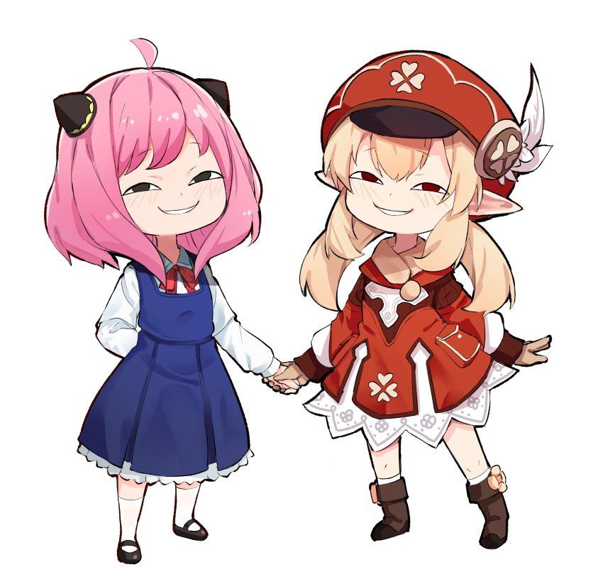 2girls, absurdres, ahoge, anya's_heh_face_(meme), anya_(spy_x_family), bangs, black_footwear, boots, brown_footwear, brown_gloves, brown_scarf, bun_cover, cabbie_hat, casual, clover_print, coat, commentary_request, crossover, double_bun, full_body, genshin_impact, gloves, hair_between_eyes, hair_bun, half-closed_eyes, hat, highres, holding_hands, kiwoseo_meogneundas, klee_(genshin_impact), knee_boots, kneehighs, light_brown_hair, long_hair, long_sleeves, looking_at_viewer, low_twintails, mary_janes, meme, multiple_girls, pink_hair, pocket, pointy_ears, red_coat, red_headwear, scarf, shoes, short_hair, sidelocks, simple_background, smirk, spy_x_family, standing, twintails, white_background