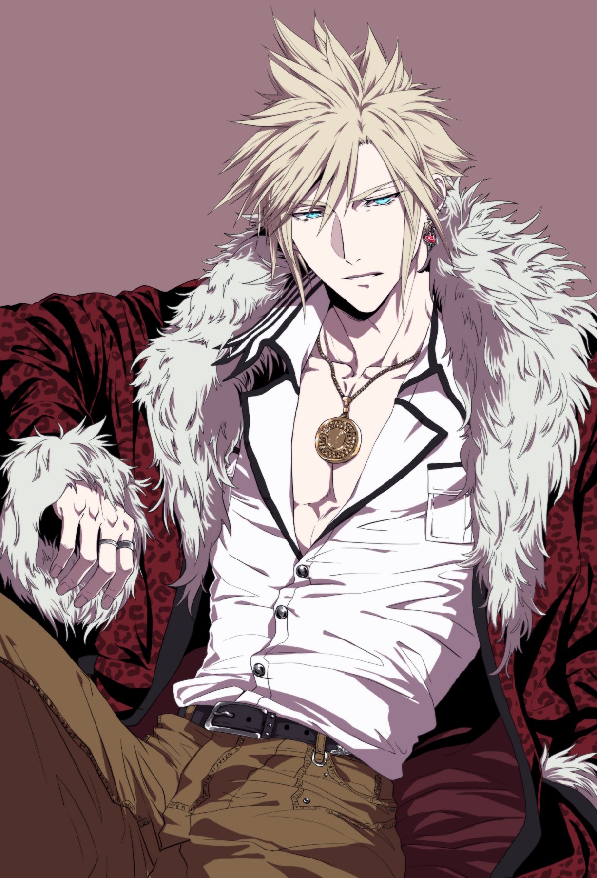 1boy, animal_print, aqua_eyes, belt, blonde_hair, brown_pants, cloud_strife, cosplay