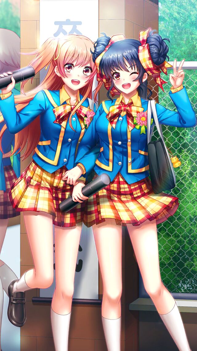 3girls, :d, ;d, bag, black_footwear, black_hair, blue_jacket, blue_vest, blush, bow, bowtie, brown_eyes, brown_hair, collared_shirt, day, double_bun, doukyuusei_2, doukyuusei_another_world, game_cg, hair_bow, hair_bun, hair_ribbon, holding, jacket, kneehighs, loafers, long_hair, long_sleeves, looking_at_viewer, miniskirt, multiple_girls, narusawa_yui, one_eye_closed, open_clothes, open_jacket, open_mouth, orange_bow, orange_bowtie, orange_skirt, outdoors, plaid, plaid_bow, plaid_bowtie, plaid_skirt, pleated_skirt, ribbon, school_bag, school_uniform, sendou_airi, shiny, shiny_hair, shirt, shoes, skirt, smile, standing, standing_on_one_leg, twintails, v, vest, white_legwear, wing_collar, yellow_ribbon, yellow_shirt
