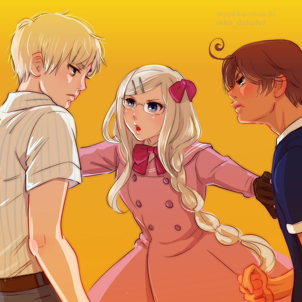 1girl, 2boys, ahoge, angry, artist_name, axis_powers_hetalia, blonde_hair, bow