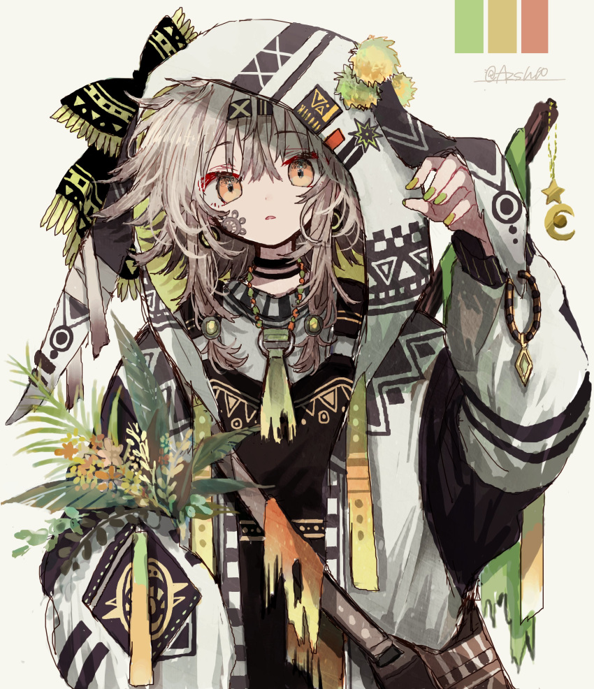 1girl, absurdres, azzz_(7334080), bangs, beads, belt, belt_buckle, black_collar