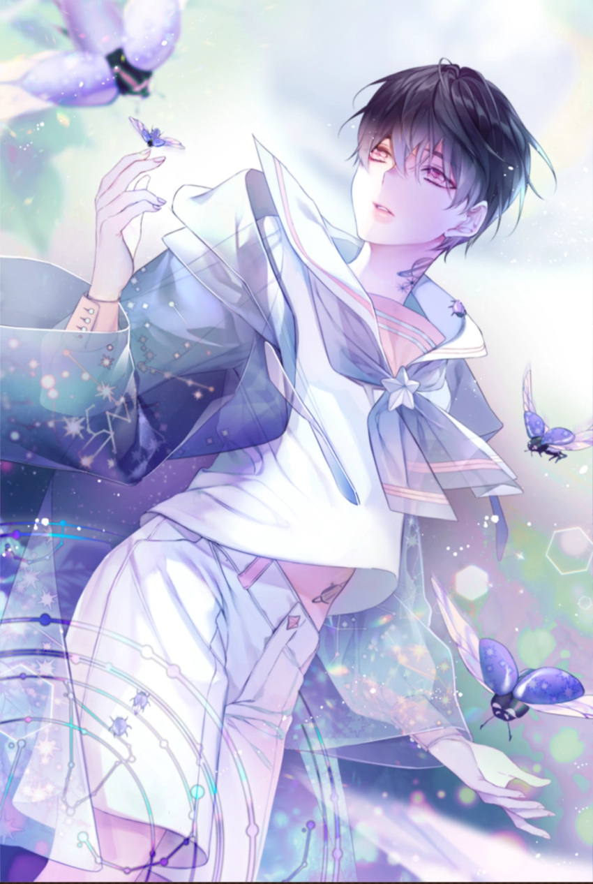 1boy, black_hair, bug, constellation_print, highres, long_sleeves, looking_to_the_side, male_focus
