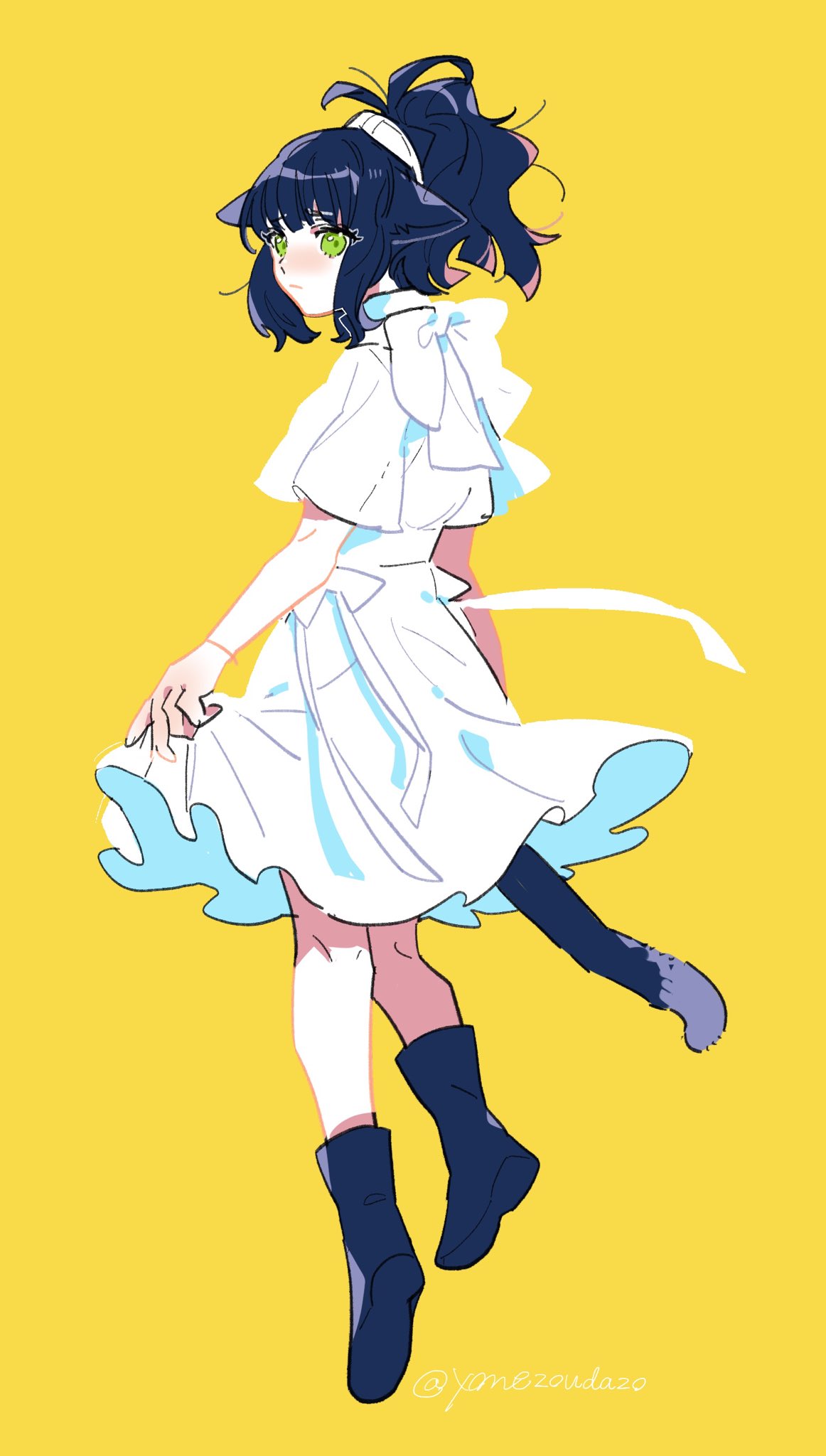 1girl, animal_ears, arknights, black_footwear, blue_hair, boots, cat_ears, cat_girl, cat_tail, dress, from_behind, full_body, green_eyes, highres, jessica_(arknights), long_hair, looking_at_viewer, looking_back, multicolored_hair, pink_hair, ponytail, short_sleeves, simple_background, solo, streaked_hair, tail, white_dress, yellow_background, yonezoudazo