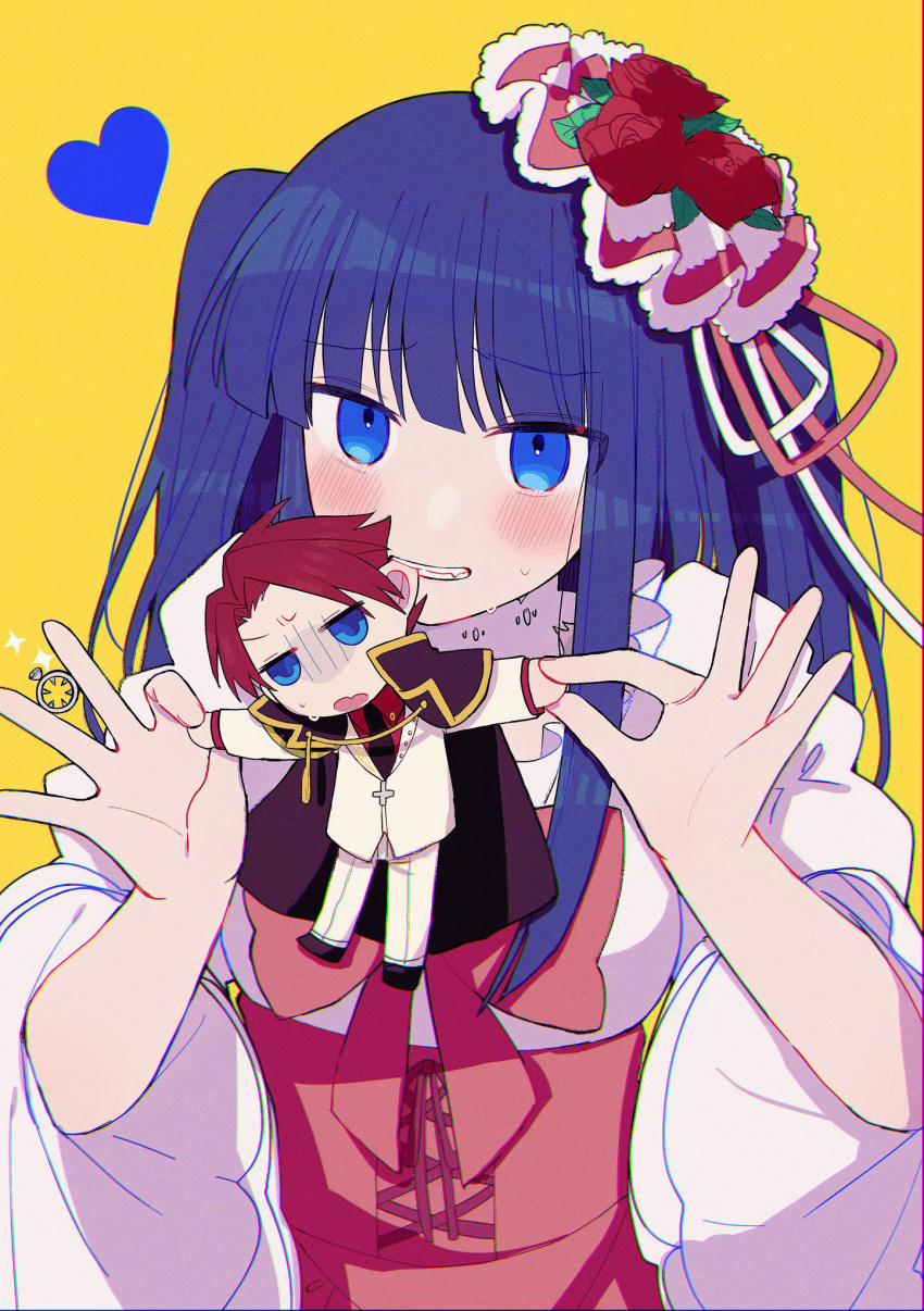 1boy, 1girl, bakara_(19083210), black_cape, blue_eyes, blue_hair, cape, chromatic_aberration, commentary_request, corset, fang, film_grain, furudo_erika, grin, heart, highres, holding, long_hair, miniboy, open_mouth, pink_ribbon, ribbon, short_hair, smile, sparkle, sweat, turn_pale, twintails, umineko_no_naku_koro_ni, ushiromiya_battler, yellow_background
