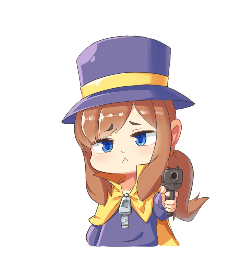 1girl, :<, a_hat_in_time, aiming_at_viewer, arm_at_side, bangs, blue_eyes, brown_hair