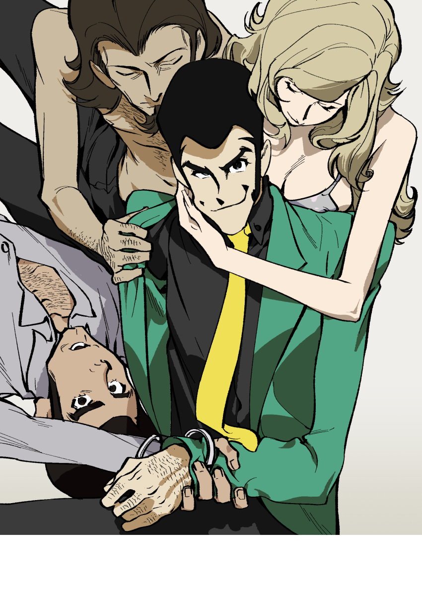 1girl, 3boys, absurdres, arsene_lupin_iii, bacchus_lpiii, beard, black_eyes, black_hair