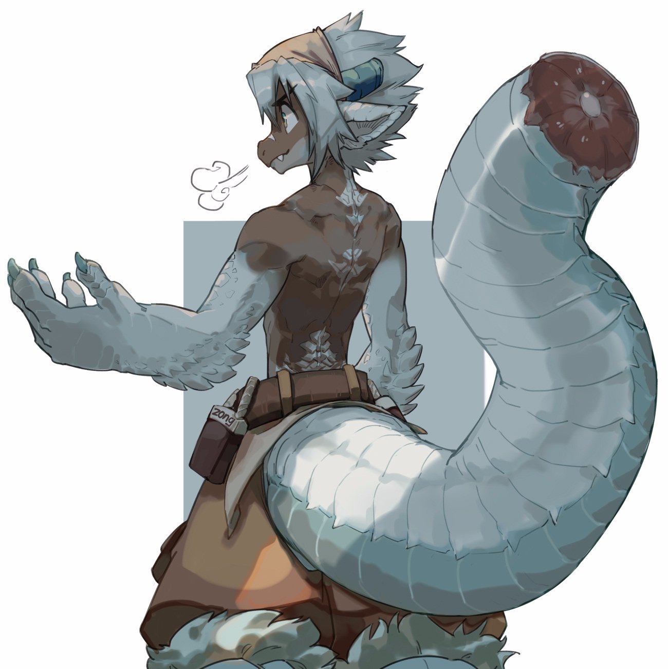 1boy, =3, animal_ears, baggy_pants, blue_background, broken_horn, brown_pants, claws, colored_skin, cowboy_shot, dark-skinned_male, dark_skin, dragon_boy, dragon_tail, english_commentary, fang, fang_out, furry, furry_male, green_eyes, grey_hair, grey_scales, grey_skin, hand_up, head_scarf, highres, horns, looking_to_the_side, male_focus, original, pants, scales, scar, scar_on_face, scar_on_nose, short_hair, simple_background, solo, standing, tail, topless_male, white_background, white_scales, white_skin, zong_wumi
