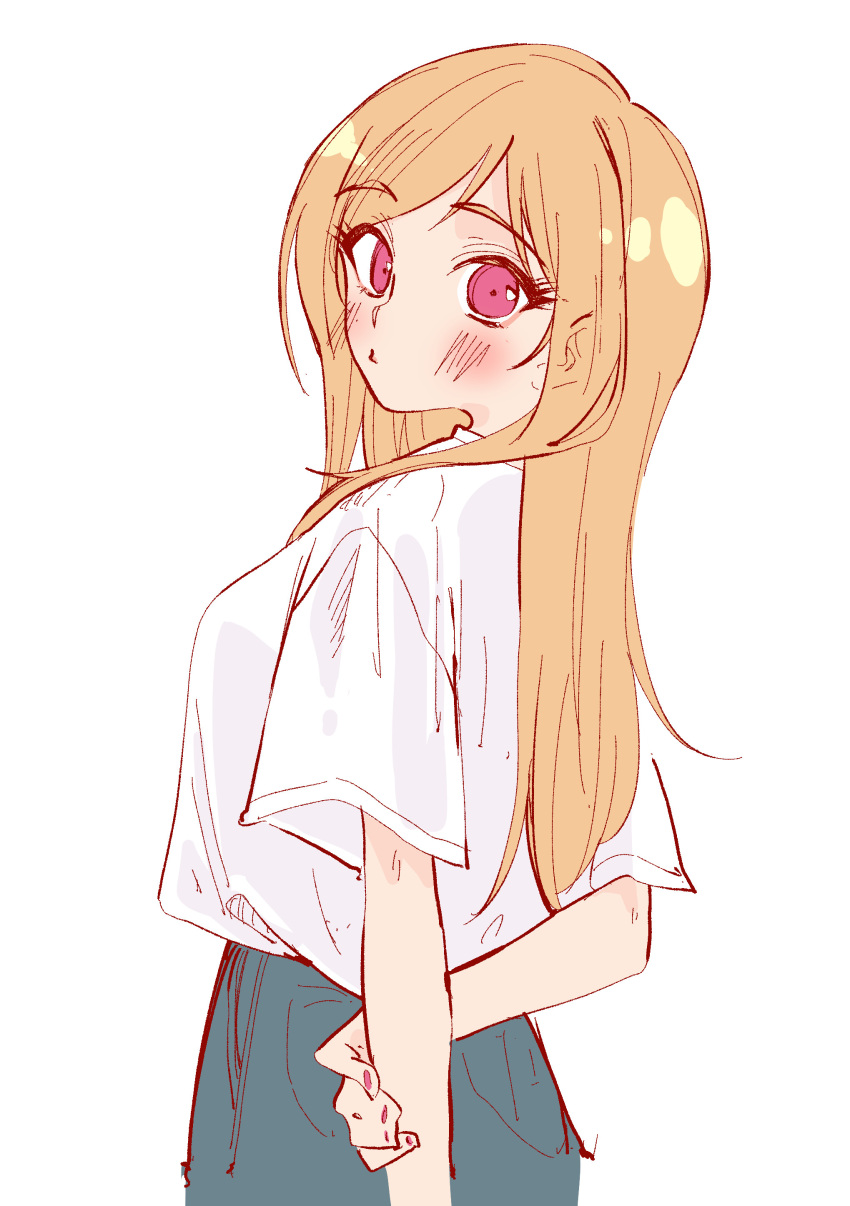 1girl, absurdres, blonde_hair, blush, closed_mouth, denim, hand_on_own_arm, highres